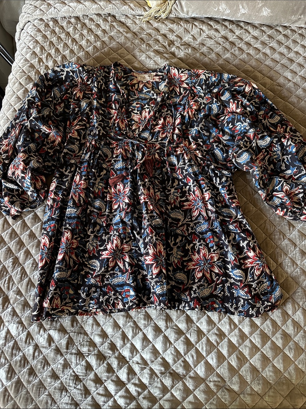 Mille Floral Peasant Tunic Top - Black with Multicolor Print